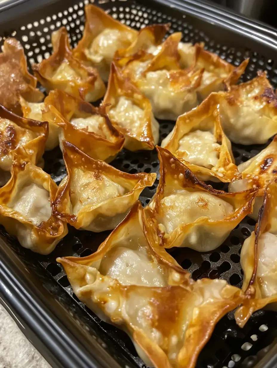 Close-up shot of a basket filled with crispy golden dumplings all neatly stacked up.