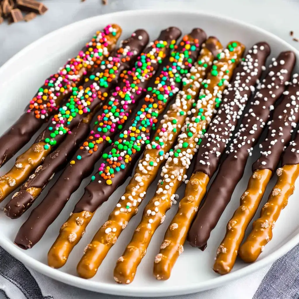 Chocolate-dipped pretzel sticks on a plate, loaded with sprinkles and colorful drizzles.