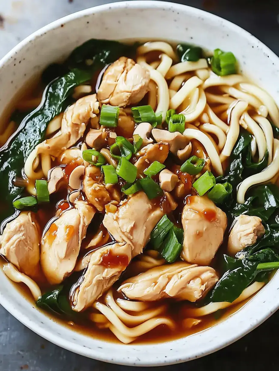 Big bowl of noodles with juicy chicken, leafy greens, and green onion swimming in flavorful broth.
