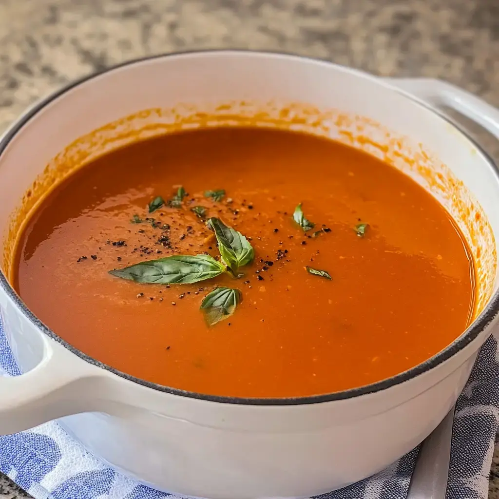 A bowl of vibrant tomato soup, garnished with fresh basil leaves and a sprinkle of black pepper.