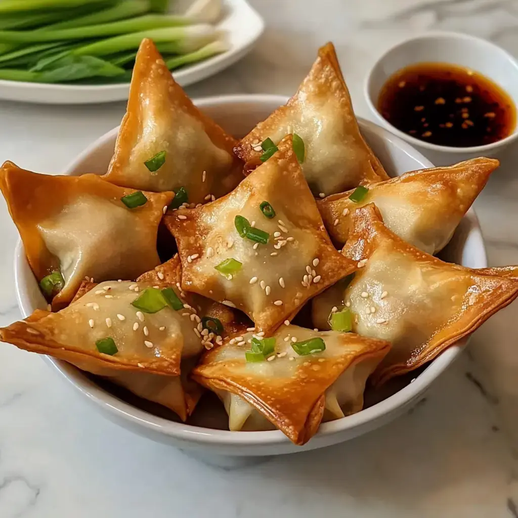 A bowl with golden fried dumplings sprinkled with green onions and sesame seeds, with some dipping sauce on the side.