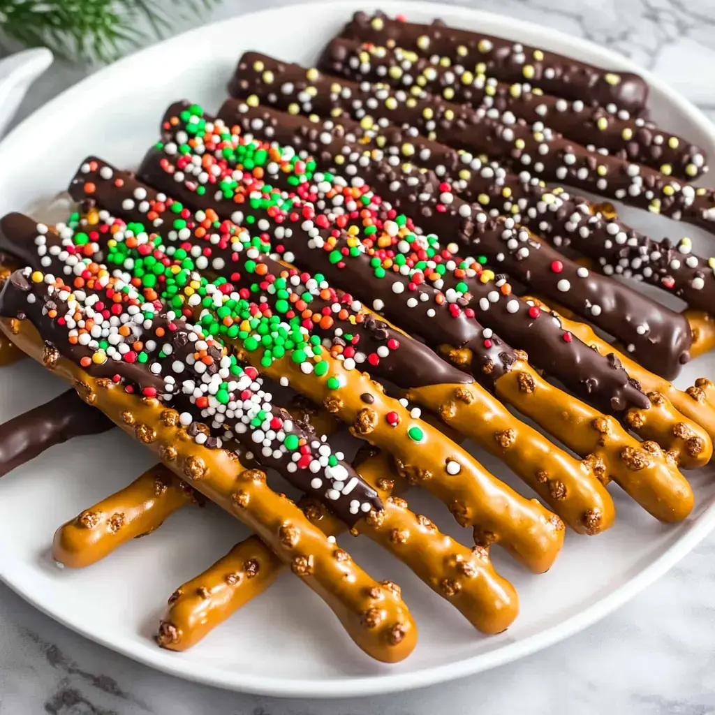 White plate stacked with caramel and chocolate covered pretzel rods, all with colorful seasonal sprinkles.