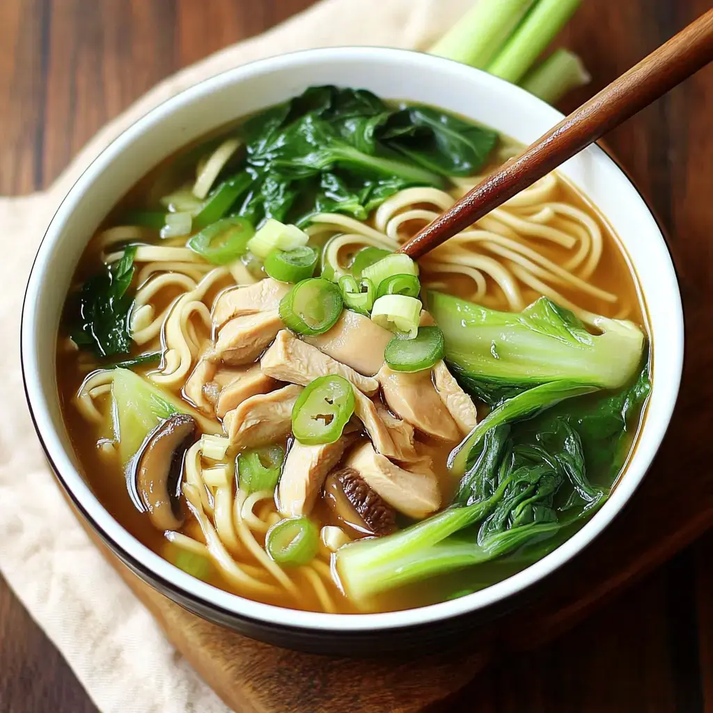 Steaming bowl packed with chicken, mushrooms, greens, and noodles, ready to eat with chopsticks.