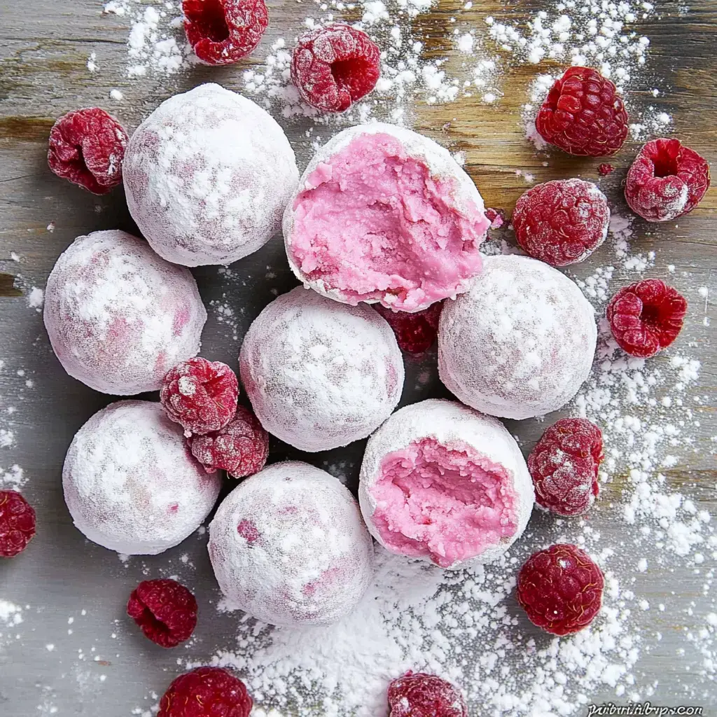 Raspberry dusted truffle balls from above—some bitten, some whole—with fresh raspberries and sugar snow all around.