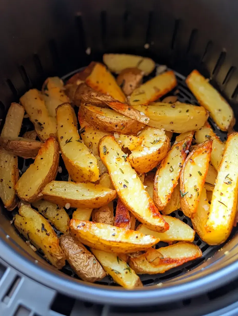 Golden air-fried potato wedges seasoned with herbs in a dark basket. The crispy texture and fluffy centers are easy to spot.