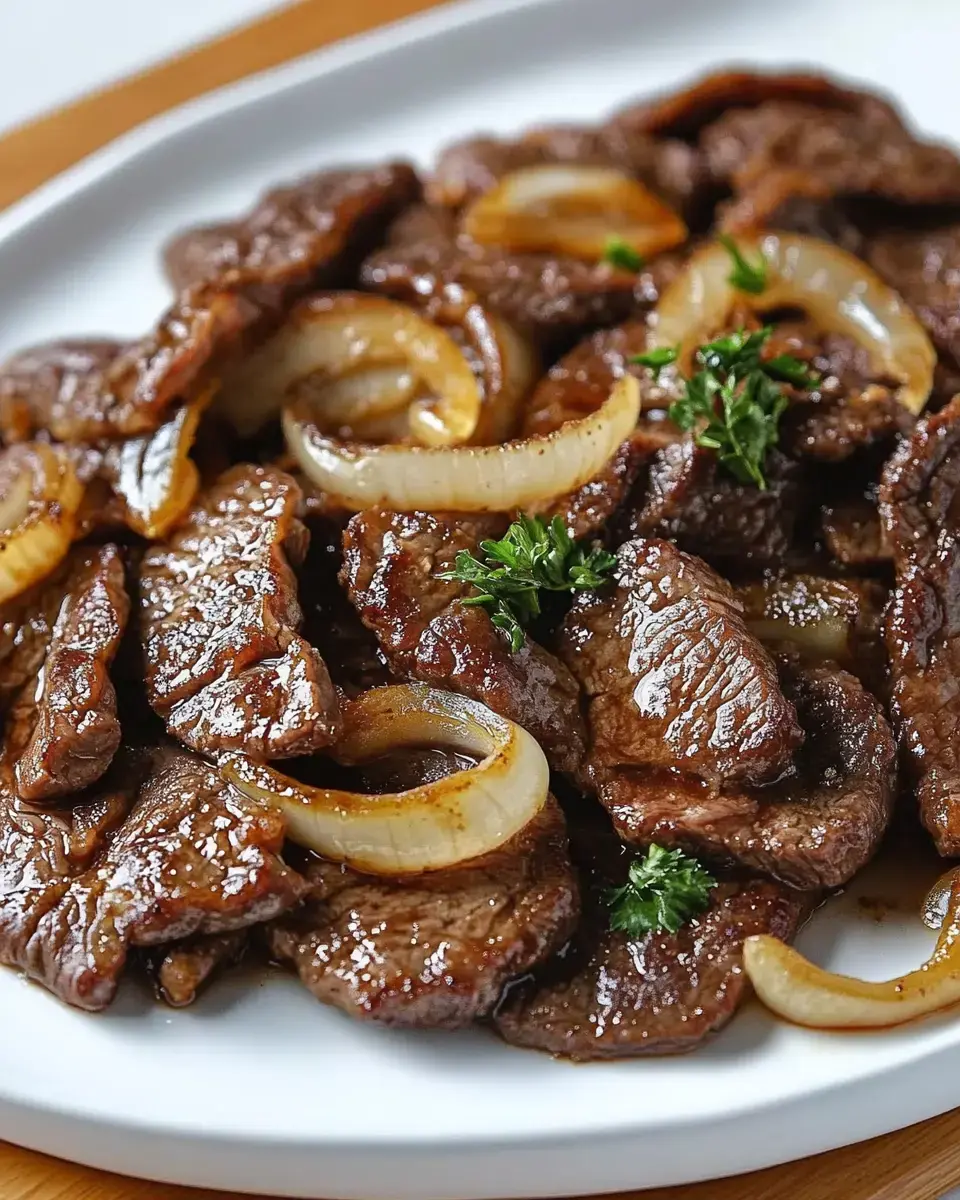 Sautéed beef on a plate, topped with onion rings and a parsley garnish.