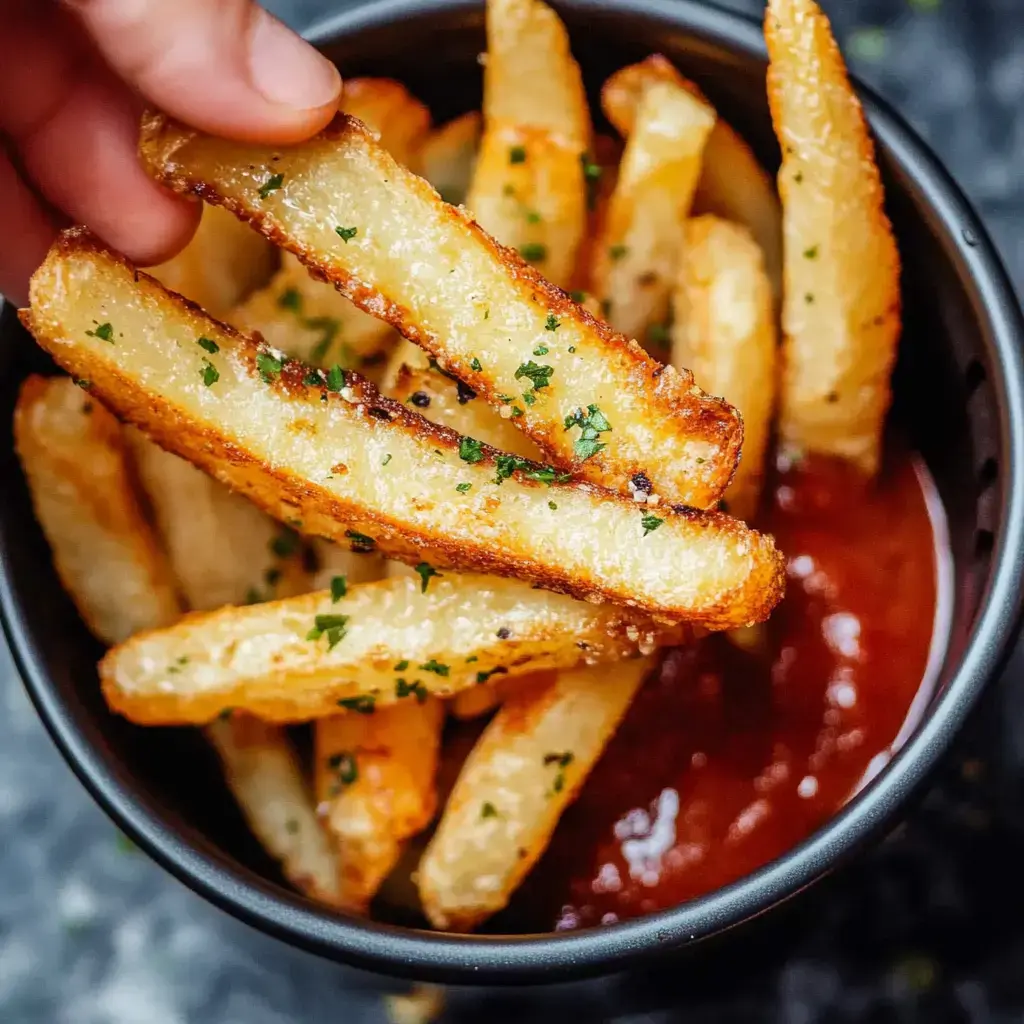Hand grabbing a crunchy French fry from a big bowl of fries next to dipping sauce. The fries are golden and inviting.
