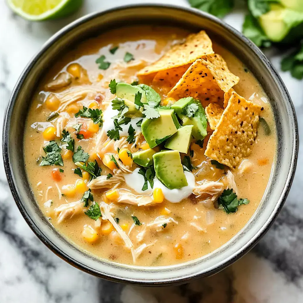 A bowl full of creamy chicken soup piled high with corn, avocado, cilantro, sour cream, and crunchy tortilla chips.