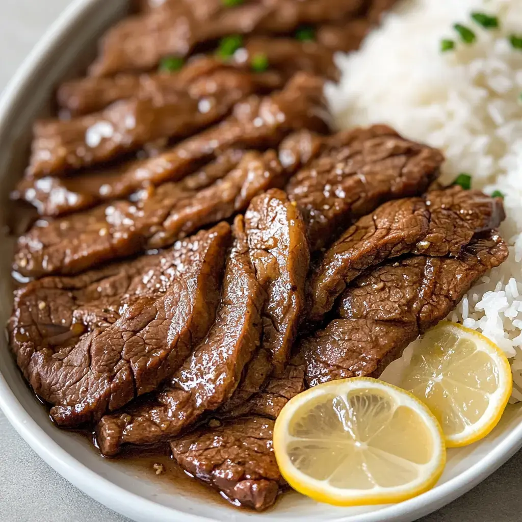 Sliced, grilled beef with white rice, lemon slices, and some green onions on top.