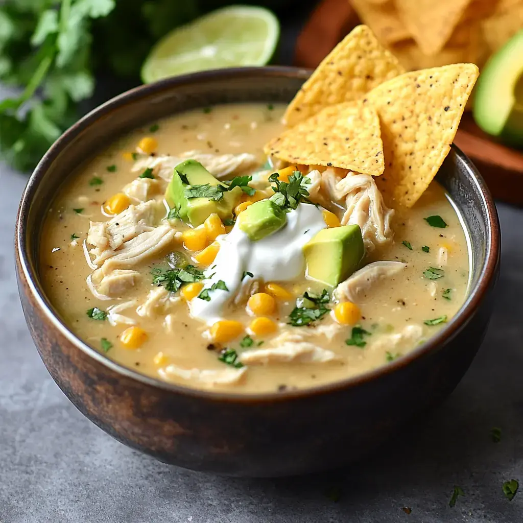 A creamy chicken soup in a bowl, topped with corn, avocado, cilantro, sour cream, and tortilla chips, with limes and fresh herbs off to the side.