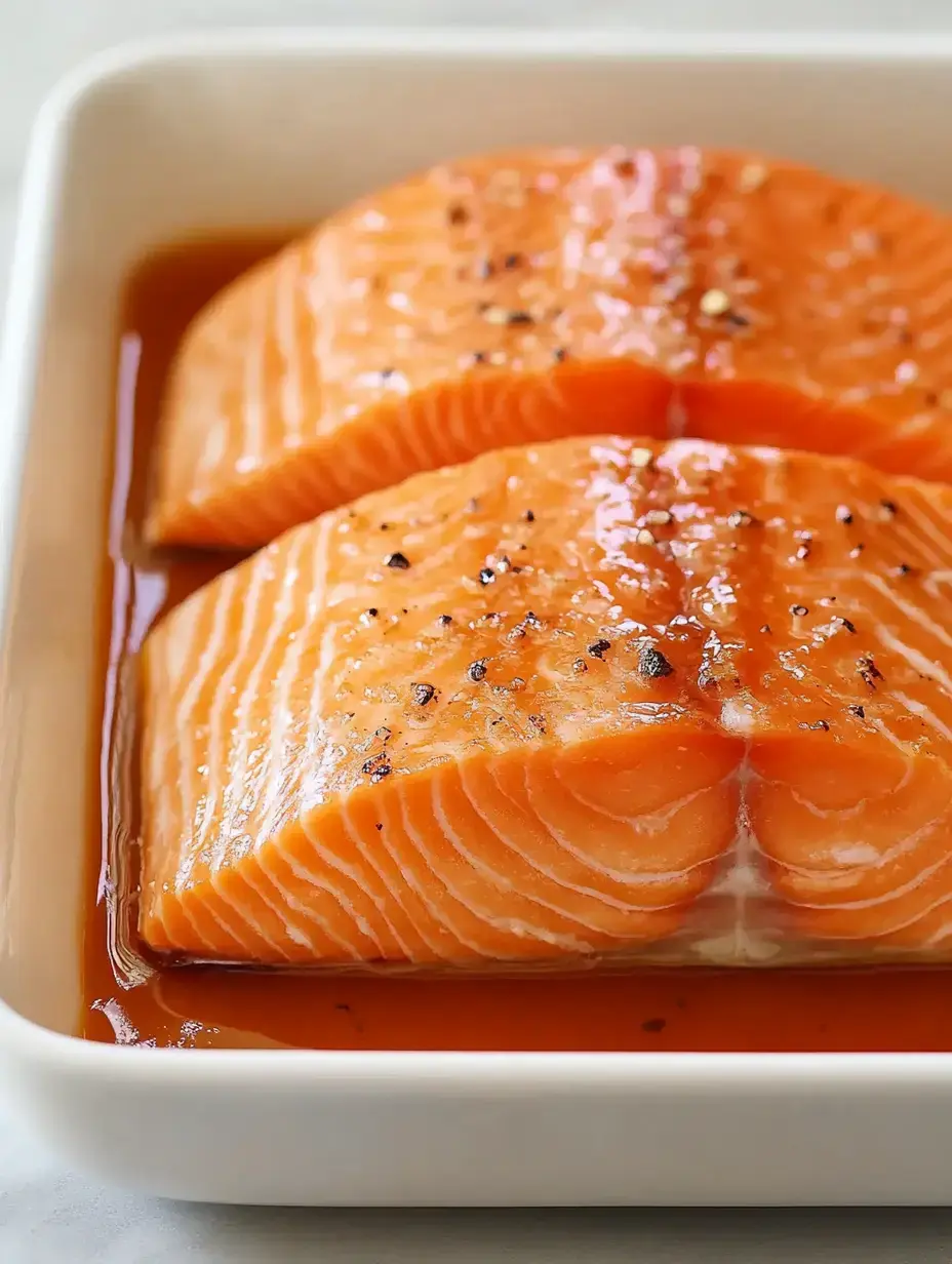 Pair of salmon fillets in a white pan, covered in a flavorful thick sauce.