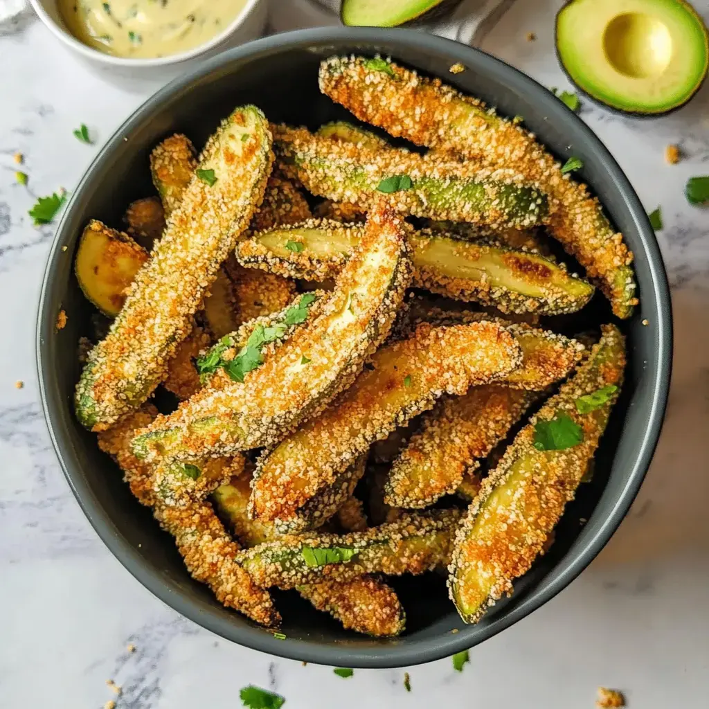 A bowl with crunchy, breaded jalapeño rounds topped with cilantro, served next to a small bowl of dip.