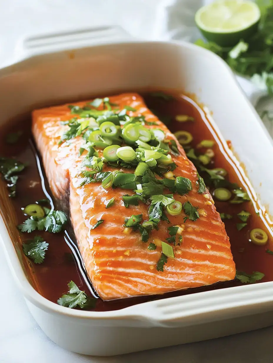 Salmon fillet topped with fresh scallions and herbs, glazed and nestled in a white pan with a glossy sauce.