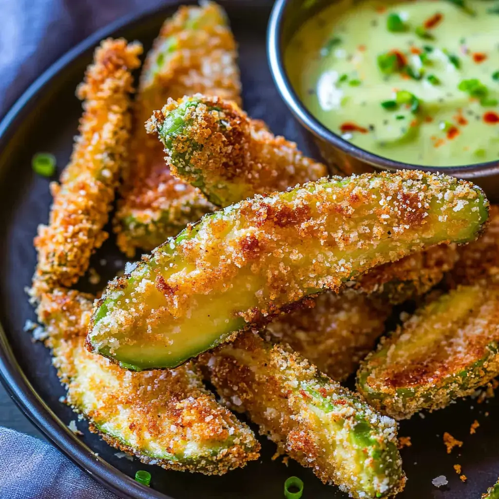 A dish with crunchy avocado wedges and a small bowl of fresh green dip.