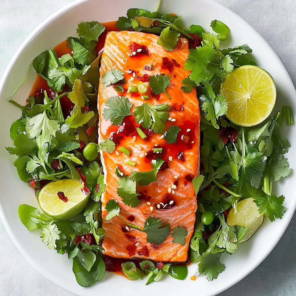 Salmon fillet covered in sauce and herbs, on a plate with mixed greens and slices of lime.