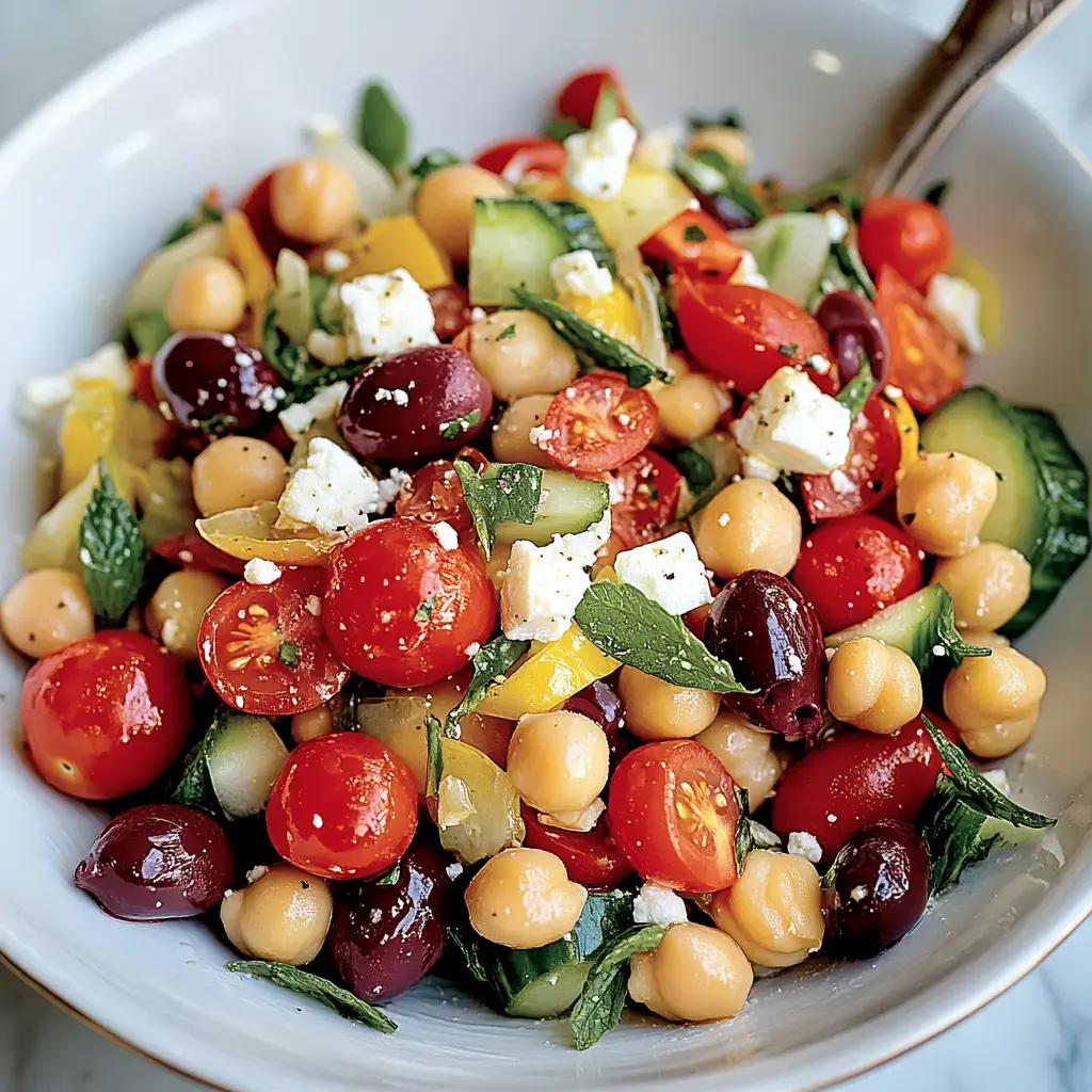 You see an inviting salad packed with cucumbers cherry tomatoes bell peppers chickpeas olives chunks of feta and fresh herbs all in one bowl.