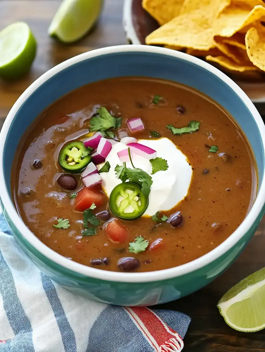 A bowl filled with black bean soup, sour cream, chopped tomatoes, jalapeños, onions, and cilantro with lime wedges and tortilla chips on the side.