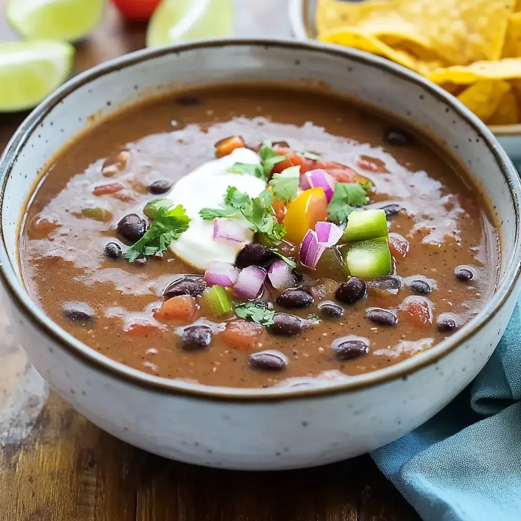 Black bean soup topped with sour cream, tomatoes, onions, green peppers, and cilantro, plus a small dish of tortilla chips next to it.