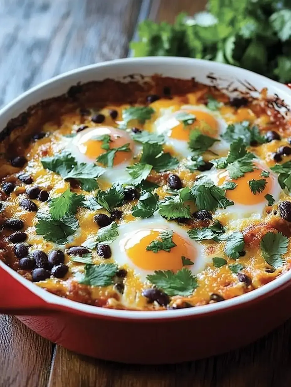 Eggs, black beans, and cheese are baked together in a red dish, finished with fresh cilantro.