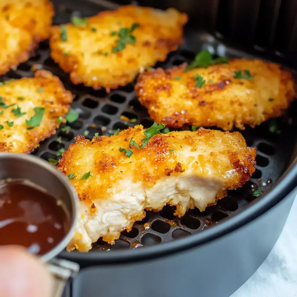 Golden crunchy chicken strips stacked in an air fryer basket with a sprinkle of parsley and a cup of dipping sauce on the side.