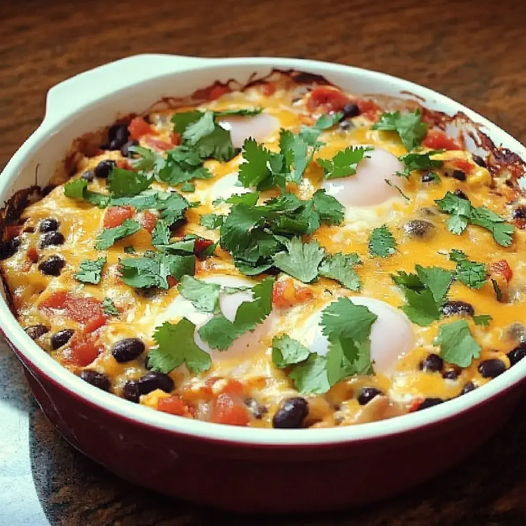 Eggs, black beans, tomatoes, cheese, and cilantro baked together in a red and white dish.