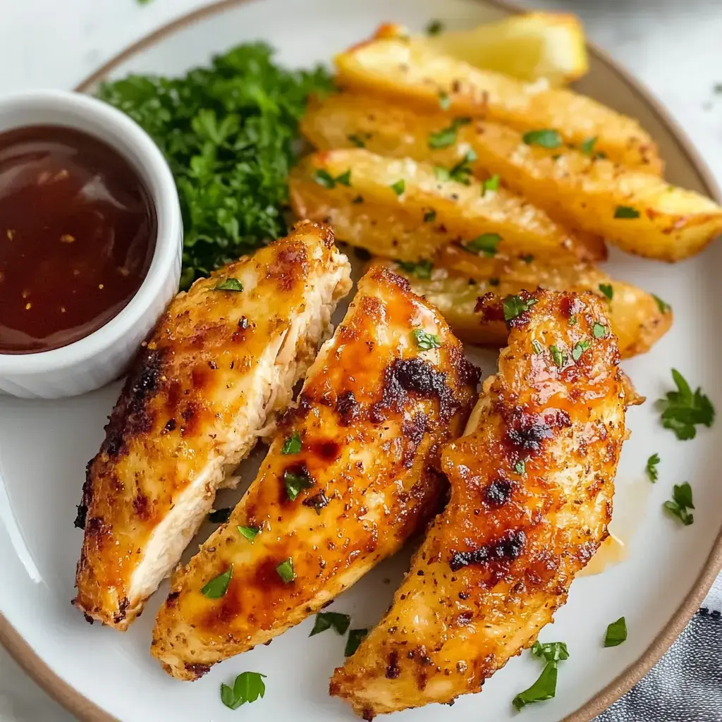 Juicy grilled chicken strips on a plate with crispy potato wedges, fresh parsley, and barbecue sauce for dipping.