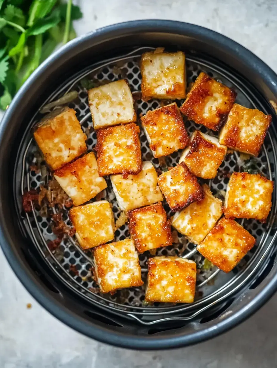 Golden, crunchy tofu piled in a steamer basket with herbs nearby for a pop of green.