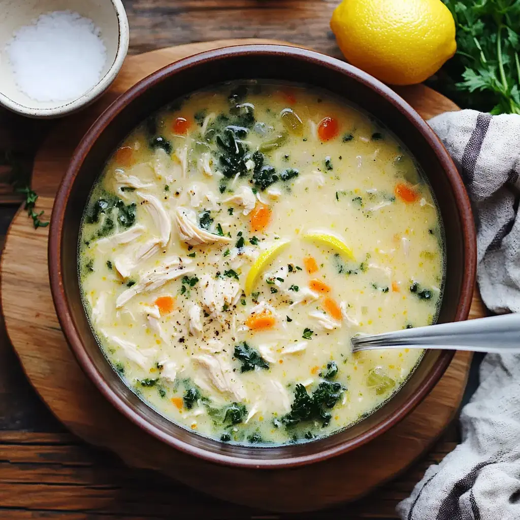 Creamy chicken soup brimming with kale, carrots, lemon slices, a splash of herbs, and served with a spoon on the side.