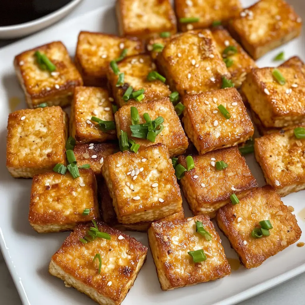 Crunchy tofu bites on a plate, topped with chopped green onion and sesame, plus a bowl of dipping sauce on the side.