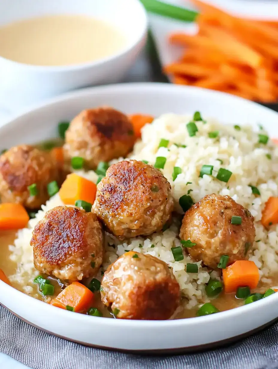 Meatballs with rice, carrots, green onions, and a dip on the side in a bowl.