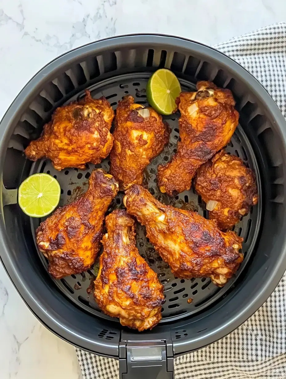 Basket packed with golden, crispy air-fried chicken drumsticks and some limes up close.