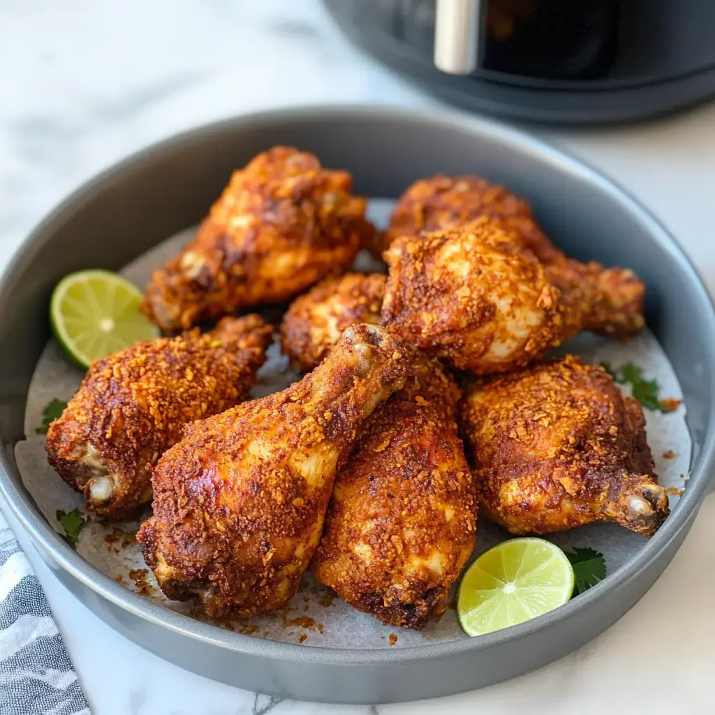 A rustic gray dish piled with crispy chicken drumsticks and lime slices, topped with fresh green herbs.