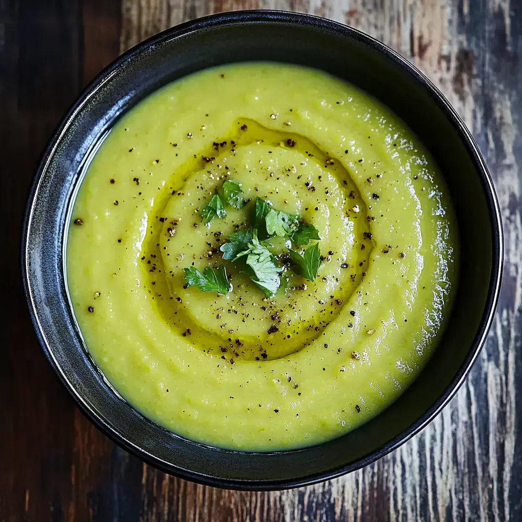 Creamy green soup in a bowl up close glistening with olive oil topped with chopped herbs and cracked black pepper.