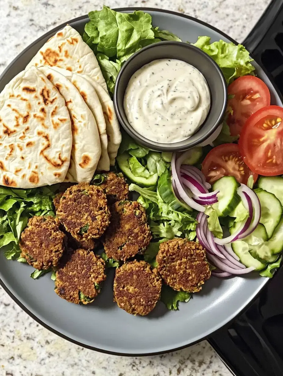 Falafel patties with salad veggies, pita, and sauce on a serving plate.