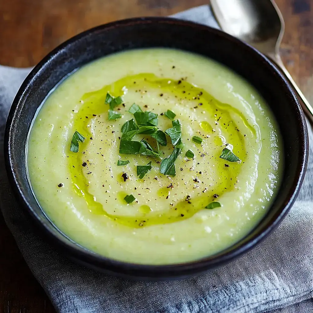 Creamy bowl of soup with olive oil swirl, cracked pepper, and a few fresh leaves on top.