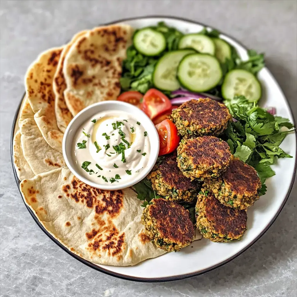 A plate loaded with falafel, veggies, pita, and a bowl of sauce.