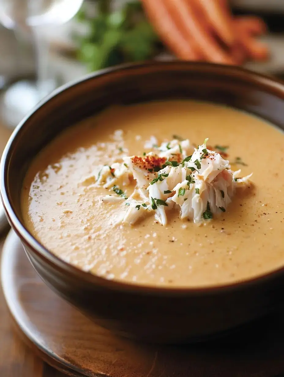 A bowl brimming with creamy soup, shreds of crab, and fresh herbs sprinkled on top, sitting on a wooden tabletop.