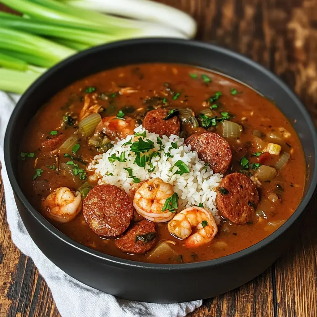 A dark bowl packed with shrimp, sausage, and veggies swimming in rich broth, all topped with white rice and parsley.