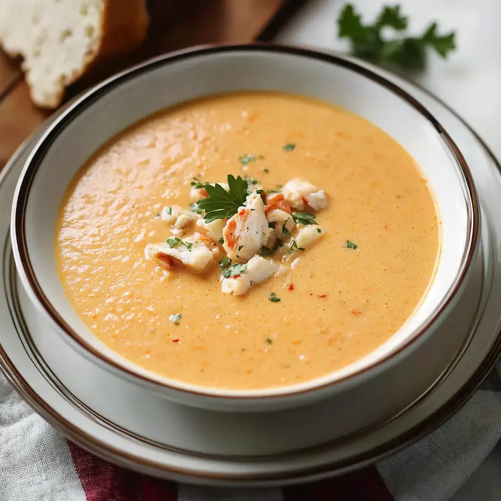 Creamy soup topped with chunky crab and fresh parsley, served in a white bowl next to a slice of bread.