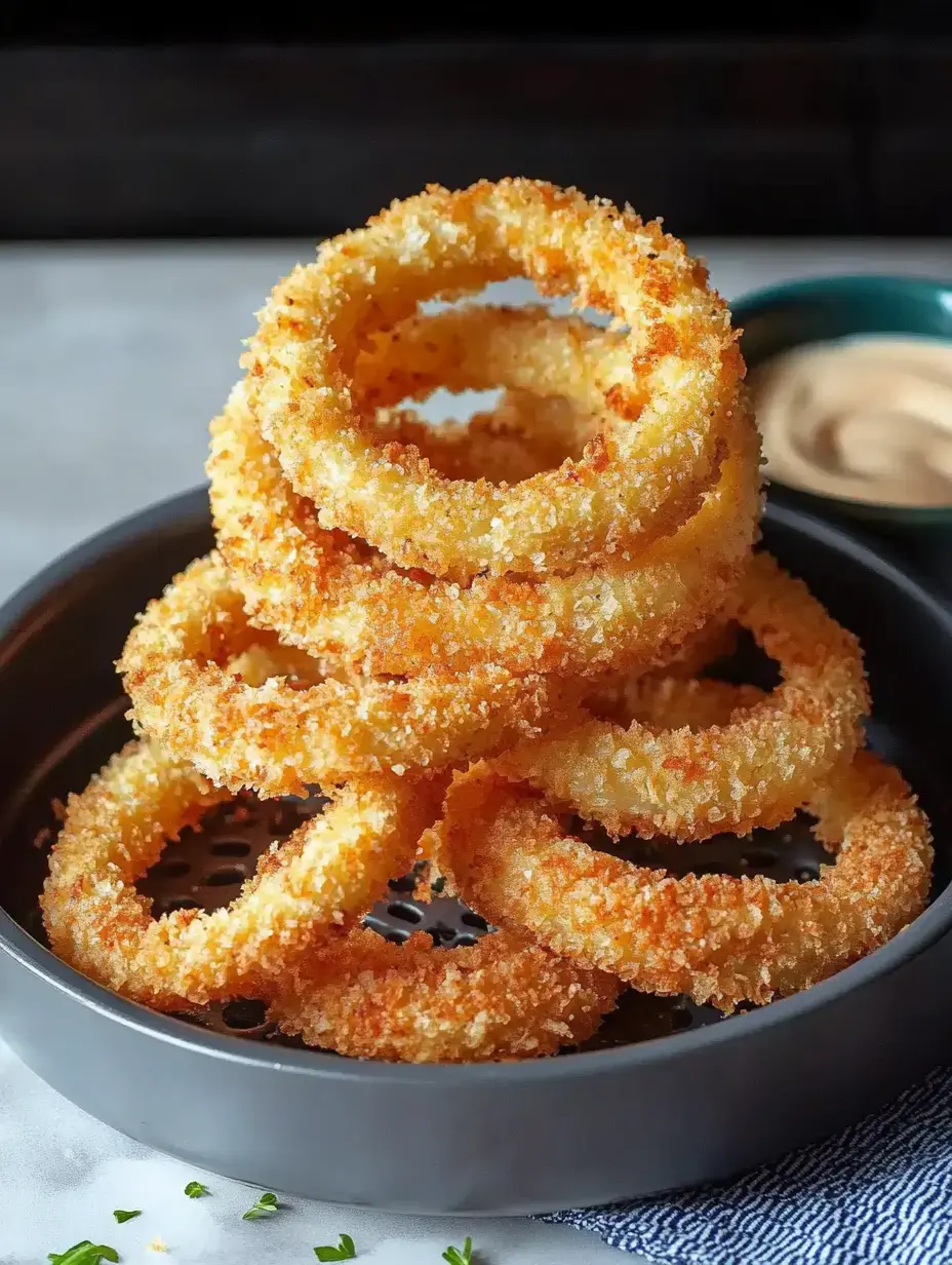 Moreish, crunchy onion rings stacked high in a black bowl with creamy sauce on the side.