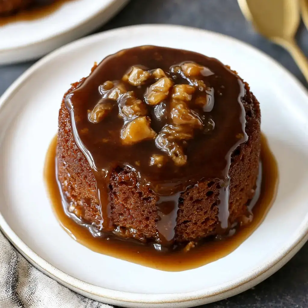 You see a rich round cake, smothered in toffee sauce and sprinkled with nuts, all on a plain white plate.