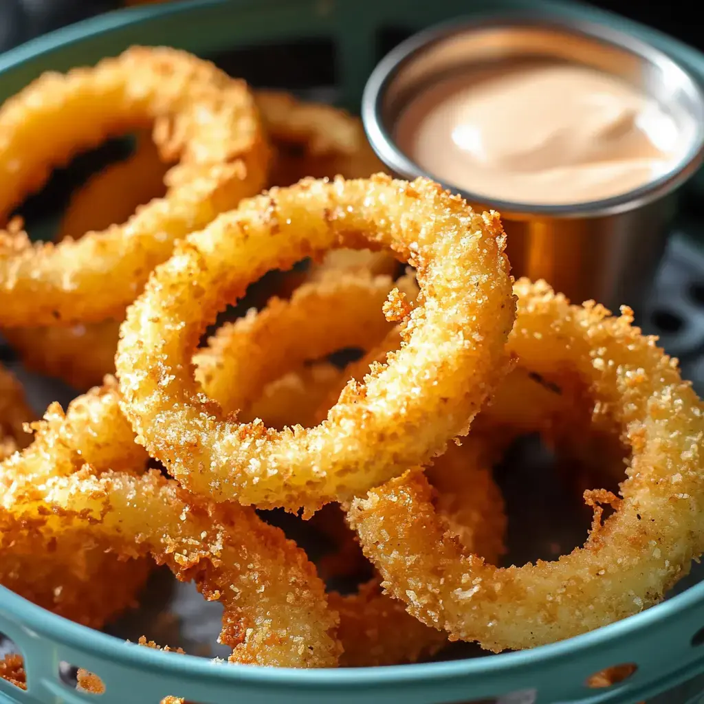 A super close look at crunchy onion rings piled in a basket with a dipping sauce close by.