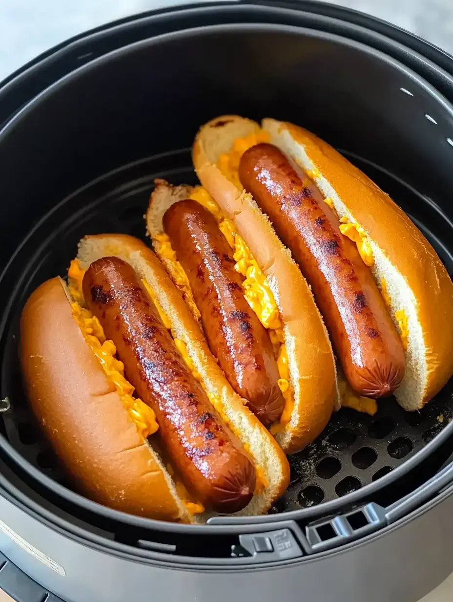 Three hot dogs with cheese in buns sitting inside an air fryer basket.