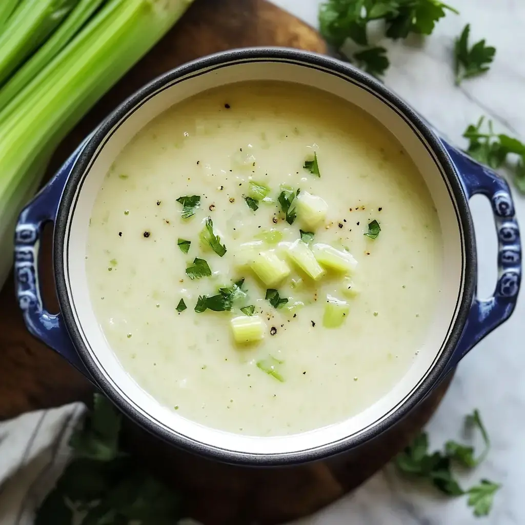 A bowl of creamy soup with chopped celery and parsley, surrounded by whole celery stalks and fresh herbs.