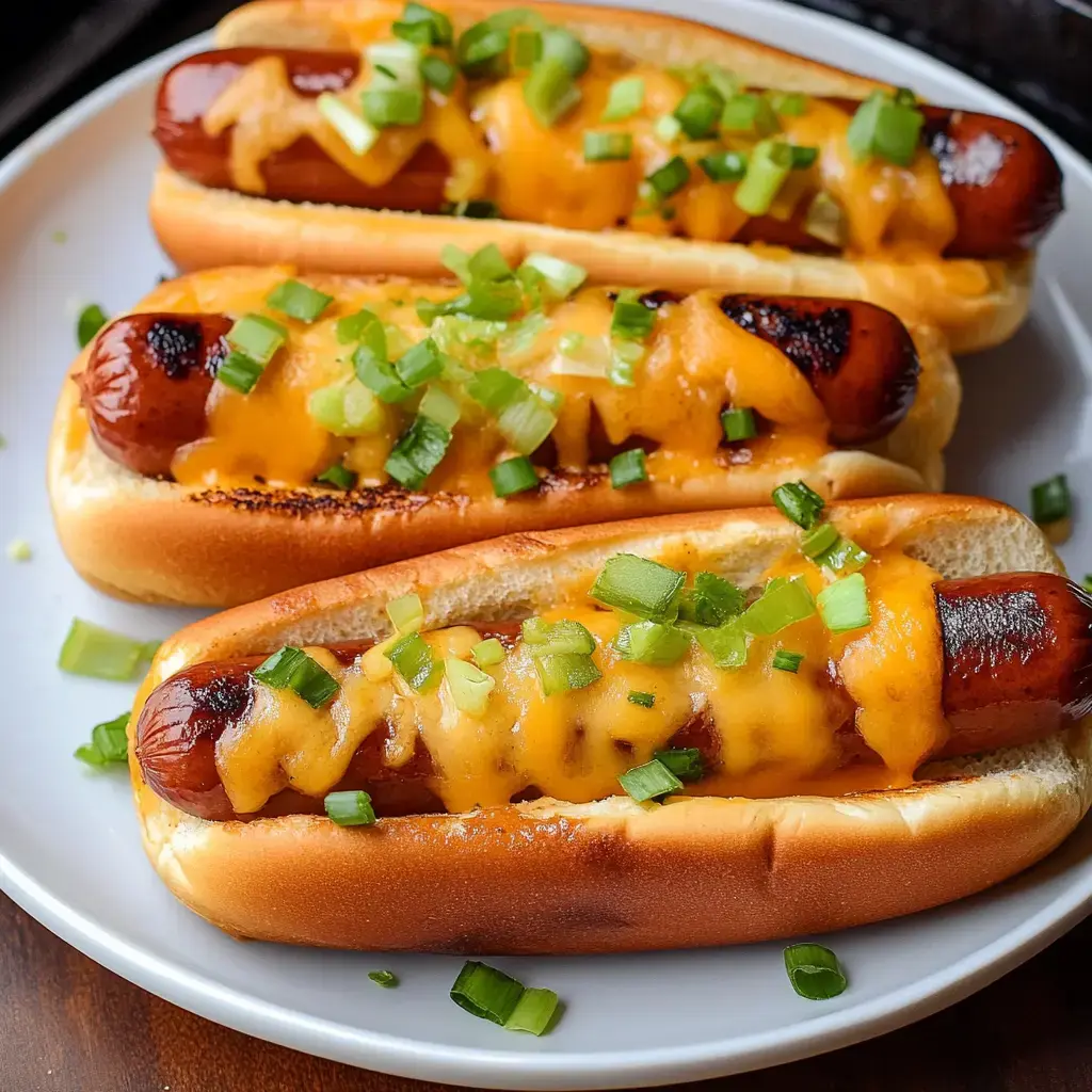 Three hot dogs in buns with cheese and chopped green onions on a plate.