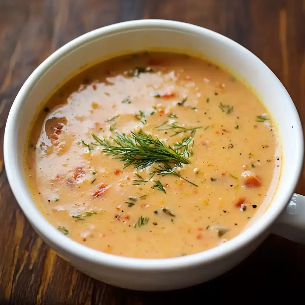 A creamy bowl with fresh dill sits on a rustic table.