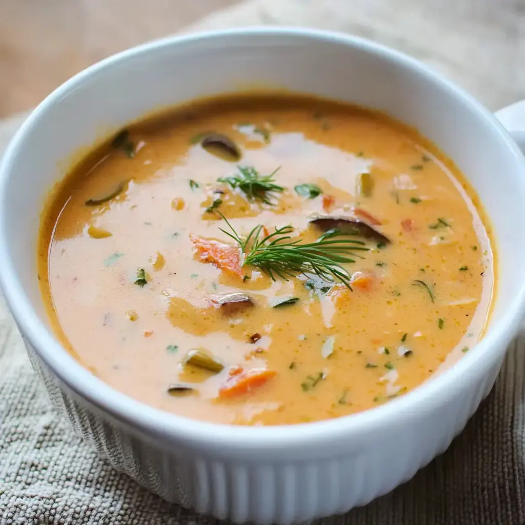A white bowl filled with creamy soup and herb sprigs sits on a table, with vegetable bits visible.
