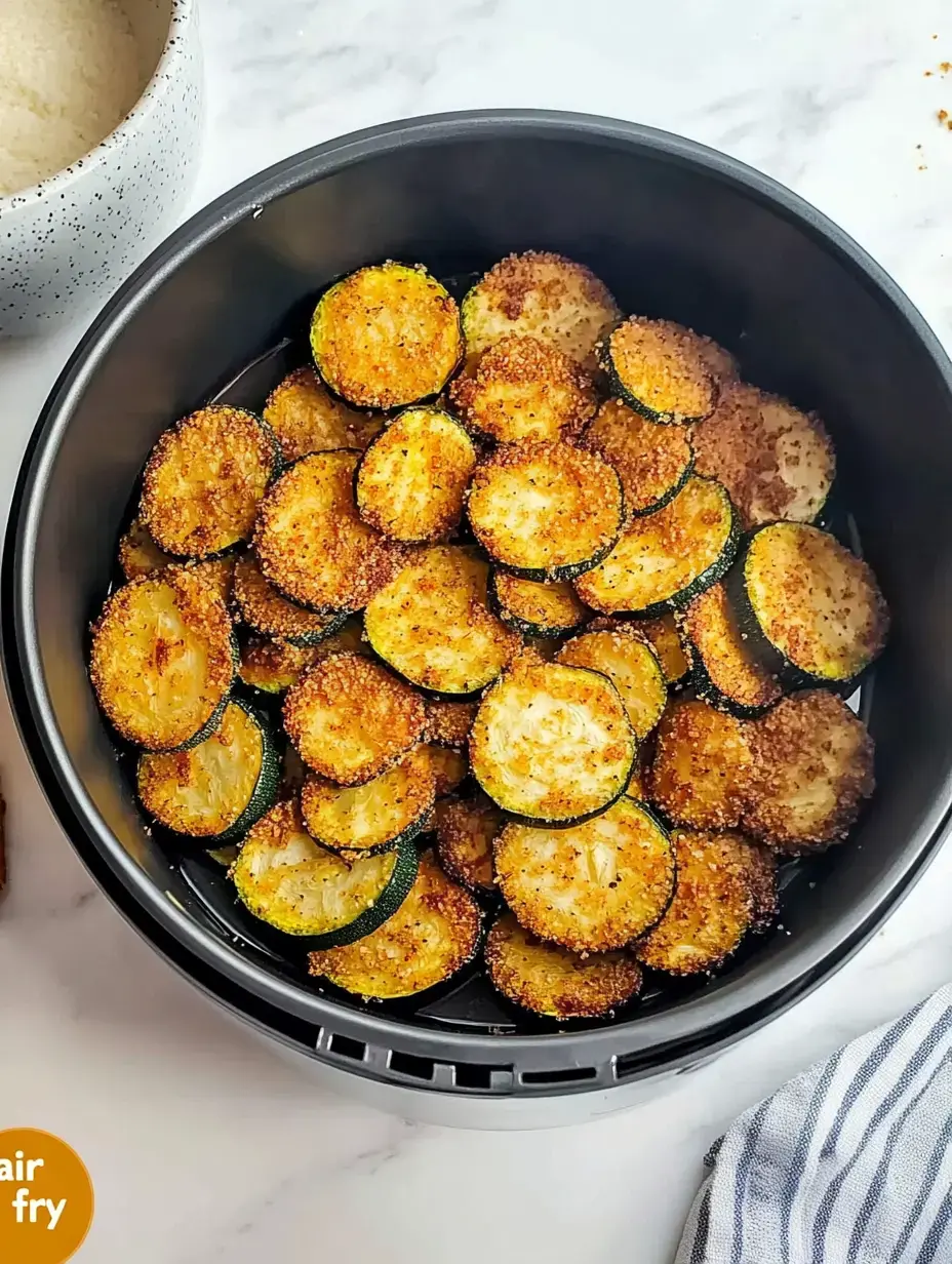 A bowl of golden, crunchy air fryer zucchini chips sits by a small bowl of spice mix.