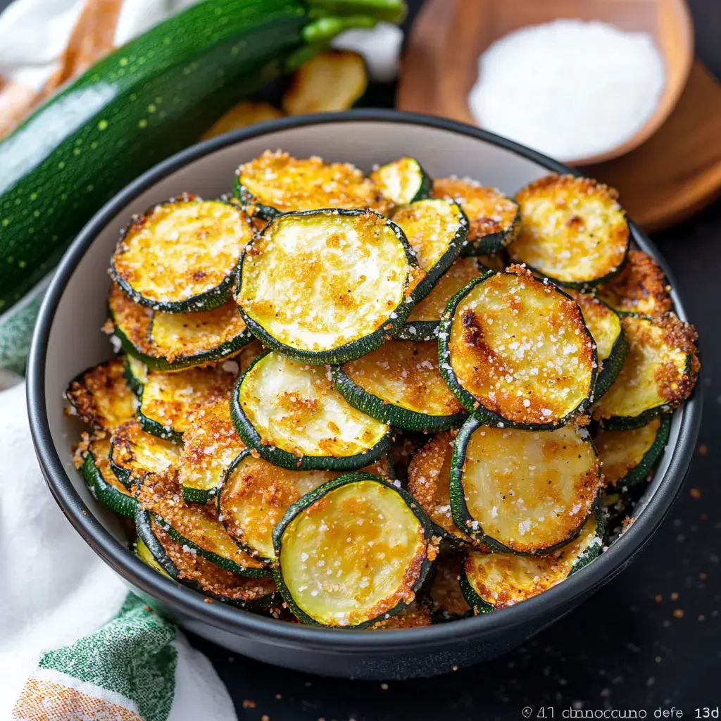 Close-up shot of crunchy, salted zucchini chips in a bowl, with fresh zucchinis showing in the back.