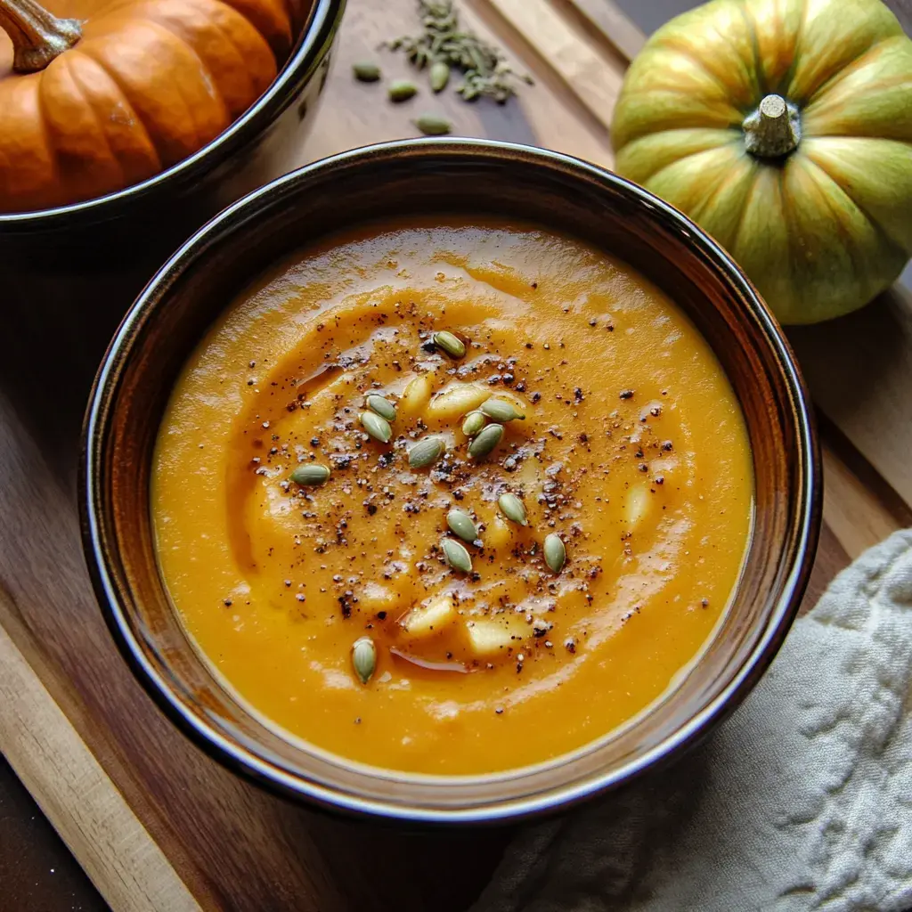 Creamy orange pumpkin soup topped with seeds and black pepper sits in a bowl near little pumpkins and wood decor.